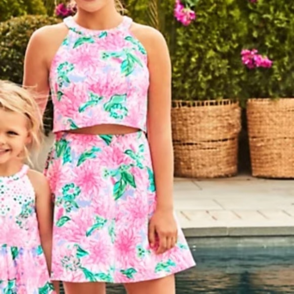 Lilly Pulitzer Girls Two-Piece Set Pink Floral Halter Crop Top & Skirt - Picture 2 of 6